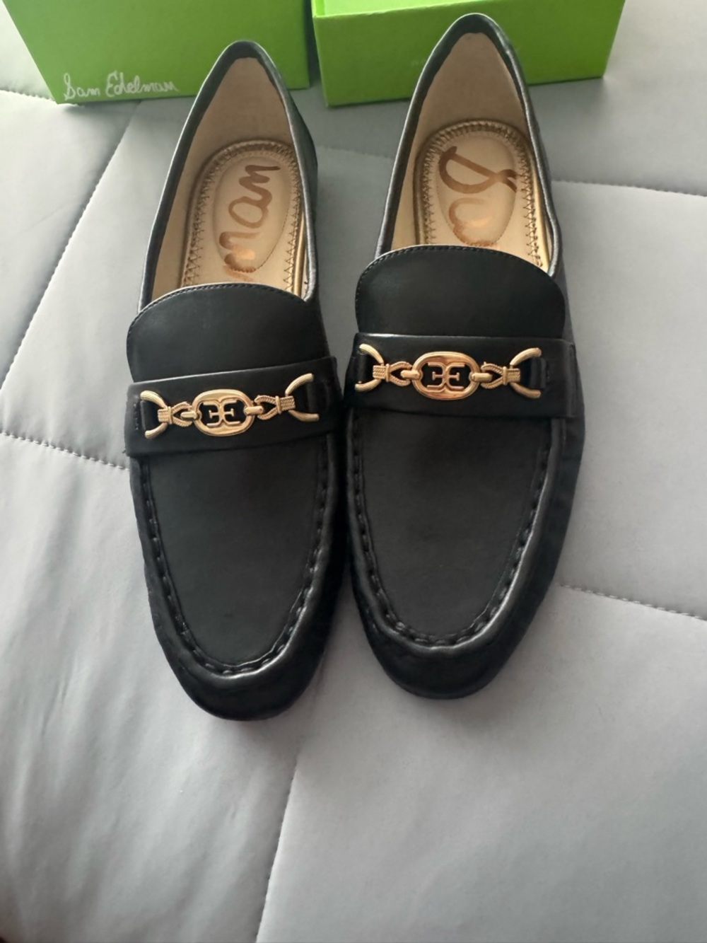 Sam Edelman Black Loafers with Gold Chain Trim